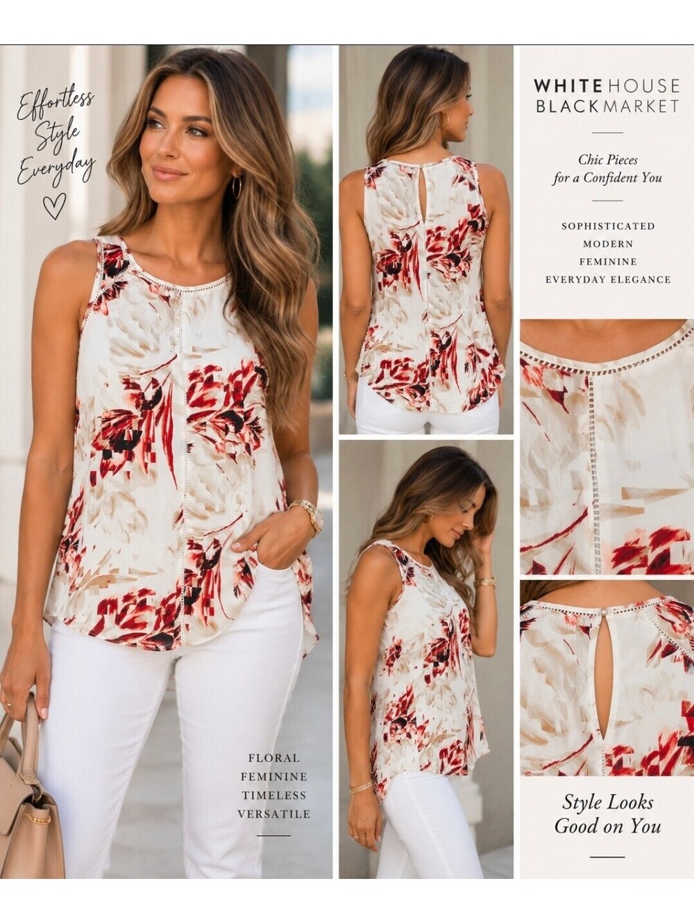 White House Black Market XS Floral Sleeveless Blouse High Low Hem Ivory Red